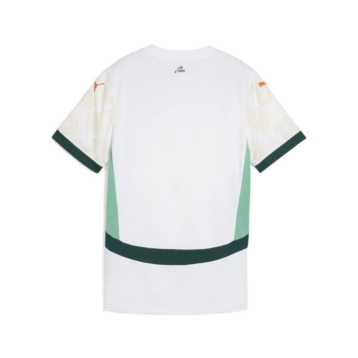 Back view of white short-sleeve shirt with patterned sleeves, orange Puma logo on the left sleeve, and dark green trim.