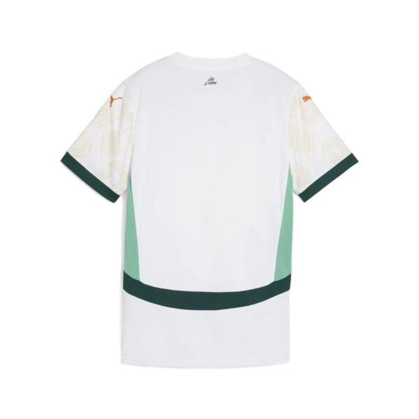 Back view of white short-sleeve shirt with patterned sleeves, orange Puma logo on the left sleeve, and dark green trim.