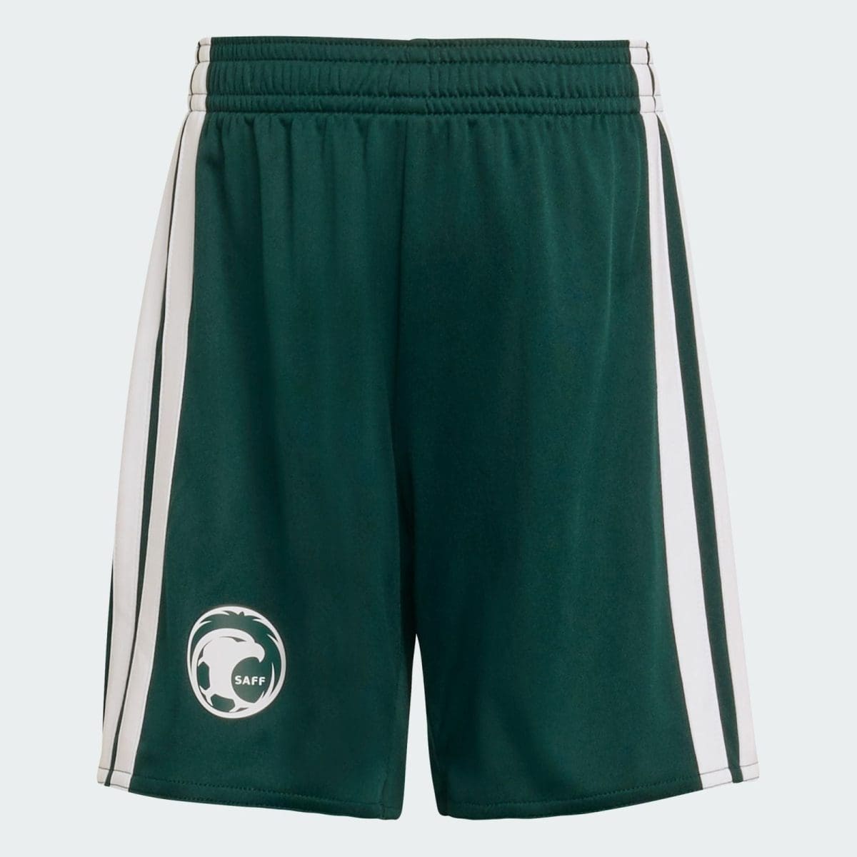 Dark green athletic shorts with white side stripes and a circular SAFF logo on the left leg.
