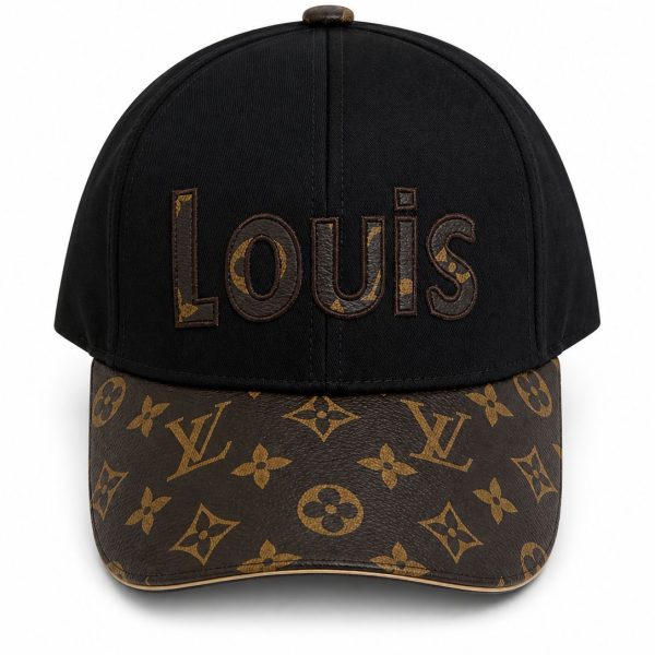 Black baseball cap with a brown Louis Vuitton monogram brim and the word 'Louis' embroidered across the front in dark brown letters.