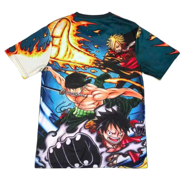 Colorful graphic t-shirt with anime-style pirates in action, featuring bold reds, blues, and yellows.