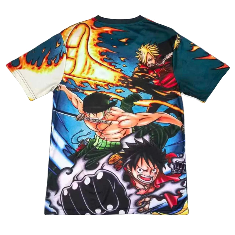 c14fc670fe0b58fb7cb04b143080f7ed | UAE SPORT STORE Colorful graphic t-shirt with anime-style pirates in action, featuring bold reds, blues, and yellows.