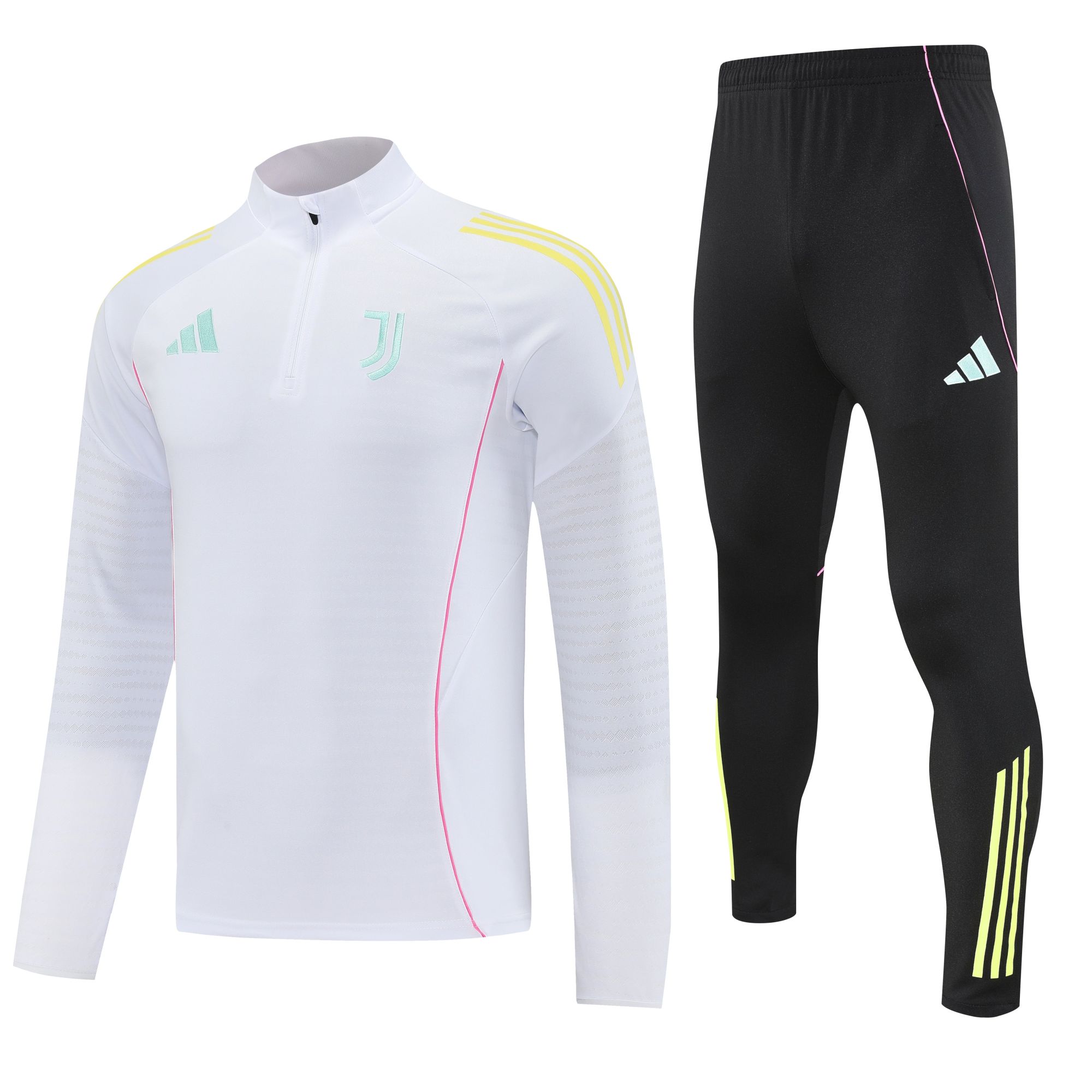 c155dd63 | UAE SPORT STORE White athletic top with yellow shoulder stripes and a pastel logo, shown next to black leggings with pink and neon trim.