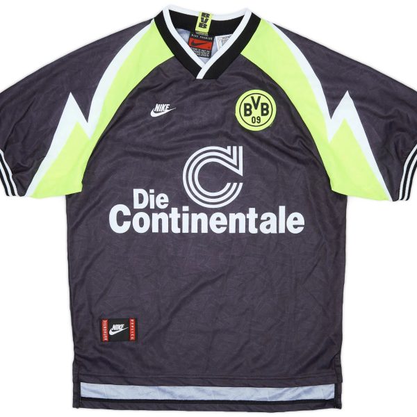 Dark Borussia Dortmund soccer jersey with neon yellow stripes, BVB 09 crest, Nike swoosh, and large white sponsor text on the front.