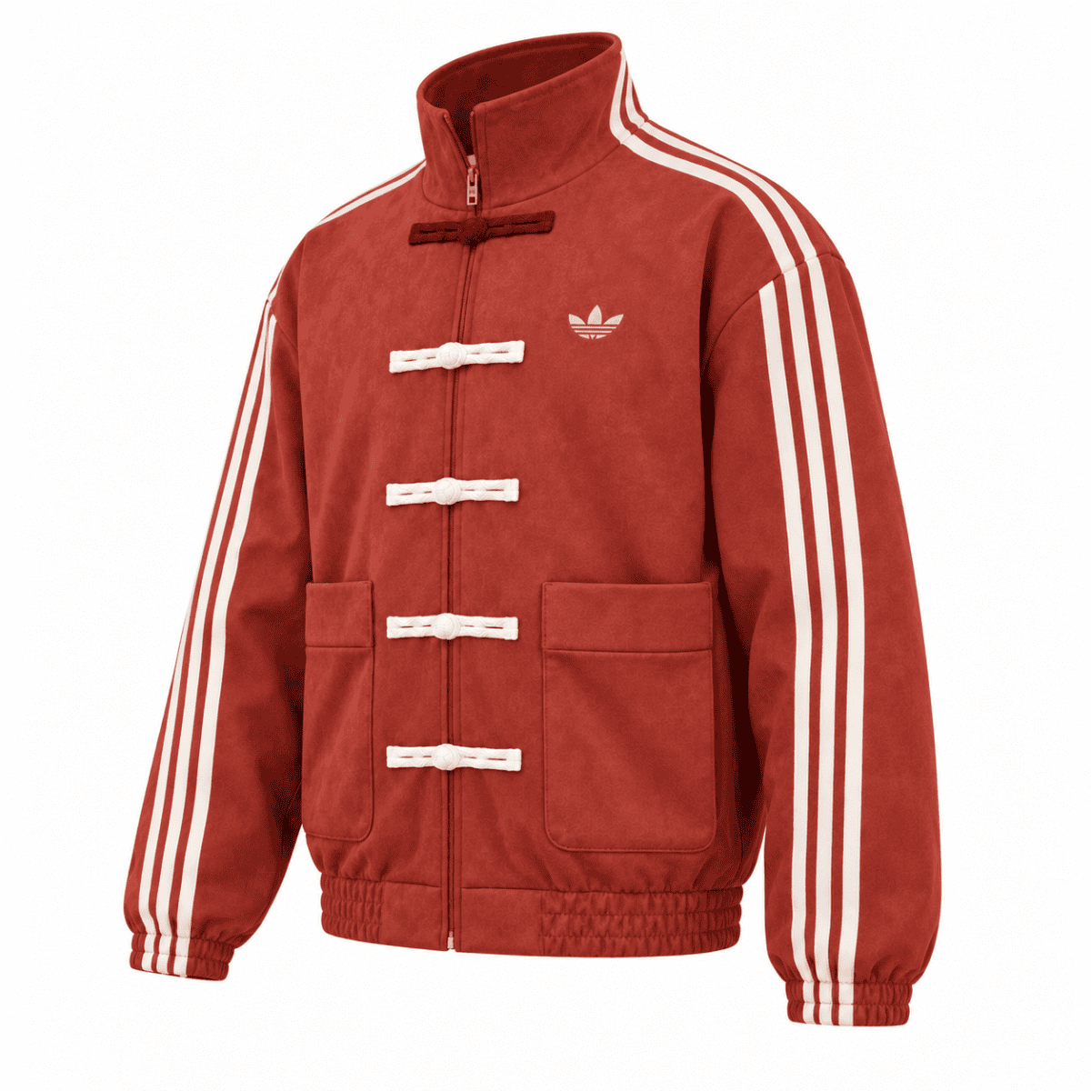 Red adidas casual jacket with white stripes and cream details, unisex, vintage style.