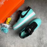 Turquoise Nike Air Force 1 sneakers with black swoosh and white midsole, shown next to an orange Nike box.