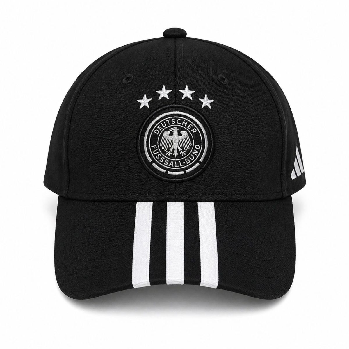Black baseball cap featuring the German Football Association crest and three white stripes on the brim, with Adidas stripes on the side.
