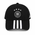 Black baseball cap with German Football Association crest, four white stars above, and three white stripes on the brim; Adidas logo on side.