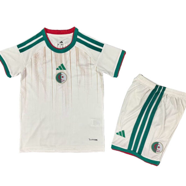White Algeria national team football jersey and shorts set with green vertical trim and crest on chest and shorts logo area