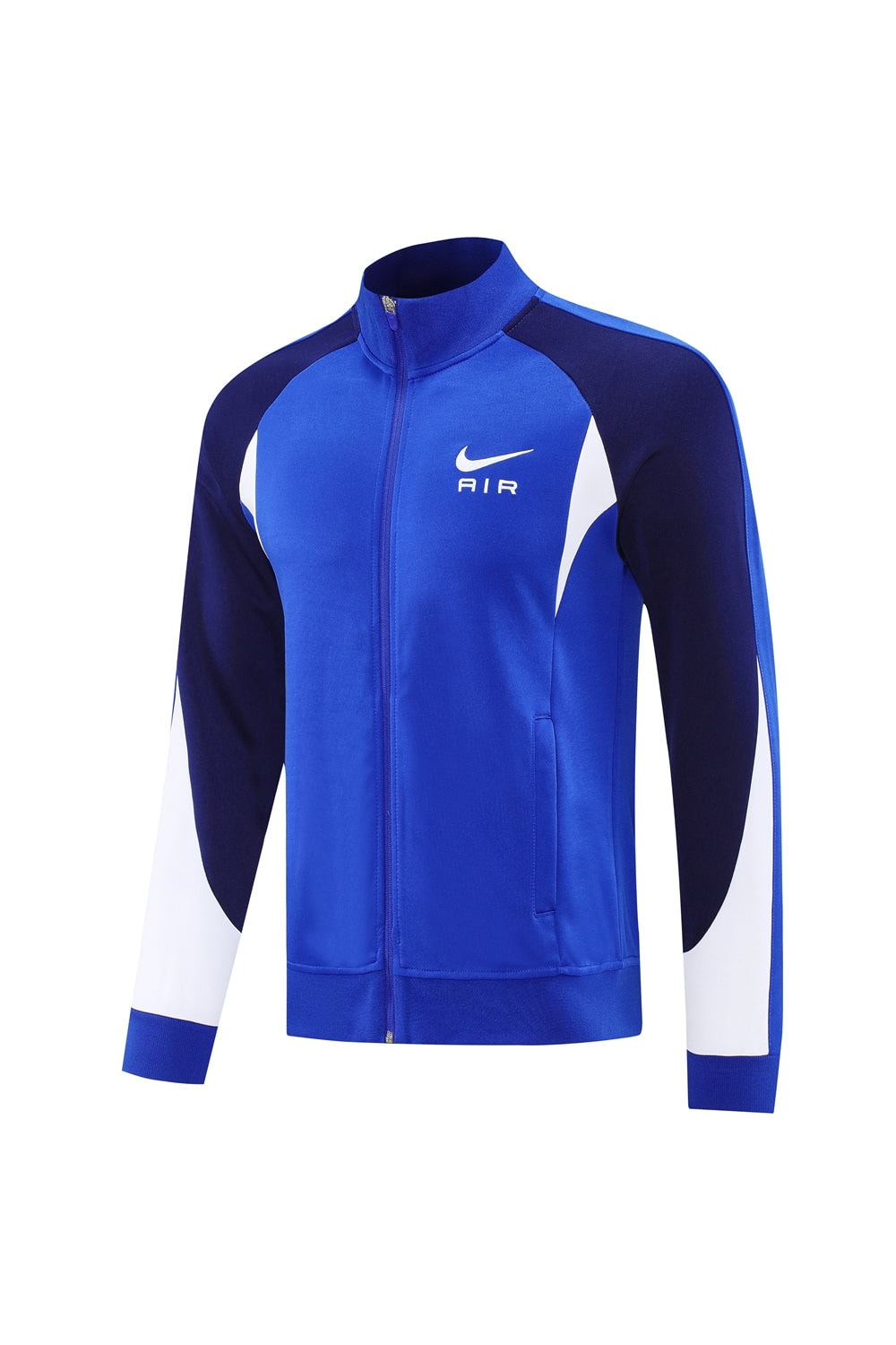 c32e5681 | UAE SPORT STORE Blue Nike track jacket with front zipper, royal blue body and navy sleeves with white side panels, AIR logo on chest.