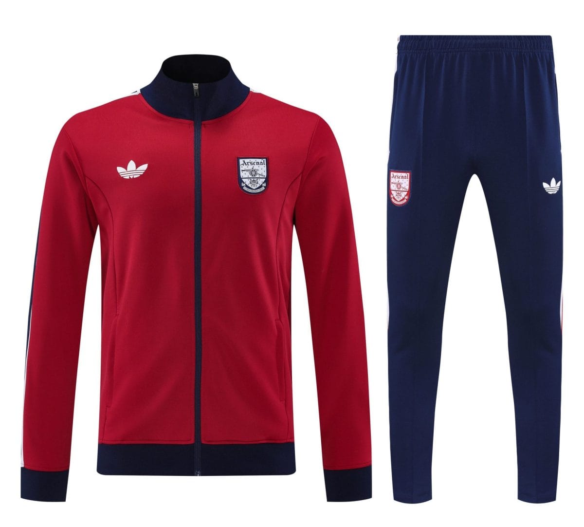 Red Arsenal zip-up track jacket with navy collar and crest, shown with matching navy track pants bearing crest and Adidas logos.