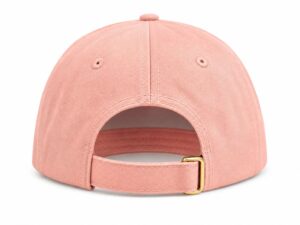 Pink baseball cap seen from the back, featuring an adjustable strap with a gold-toned buckle.