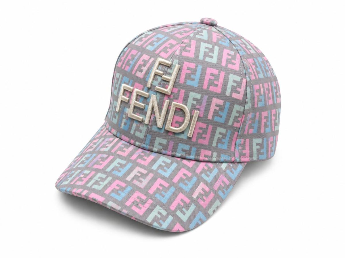 Pastel pink, blue, and gray Fendi cap with a repeating logo pattern and ivory embroidered 'FENDI' on the front panel.