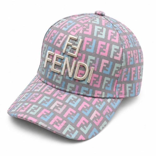 Pastel pink, blue, and gray Fendi cap with a repeating logo pattern and ivory embroidered 'FENDI' on the front panel.