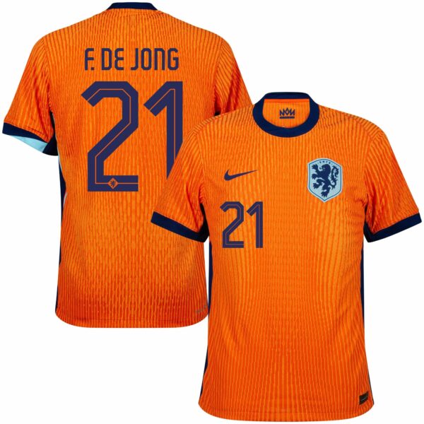 Back view of two orange Netherlands soccer jerseys with blue numbers 21 and the name F. De Jong; crest and Nike swoosh visible.