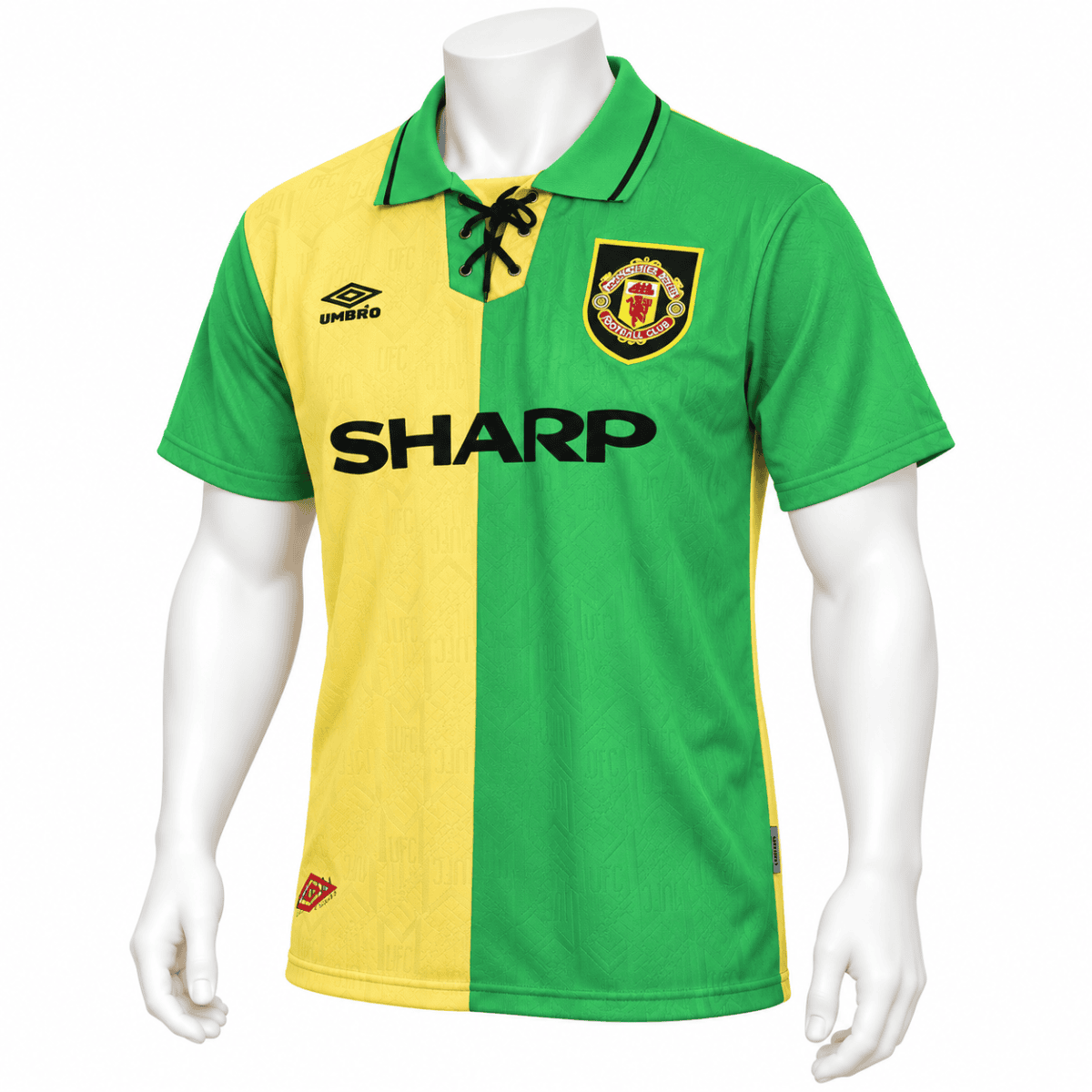Manchester United away jersey 1992/94 with green and yellow colors and club crest.