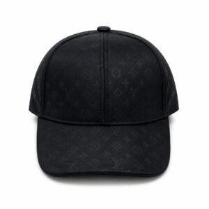 Black baseball cap with a subtle Louis Vuitton monogram pattern on a black background, front view