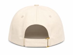 Back view of a beige baseball cap with an adjustable strap and gold buckle