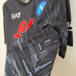 Close-up of a dark patterned sports jacket with a blue circular logo featuring a white 'N' and red script lettering.