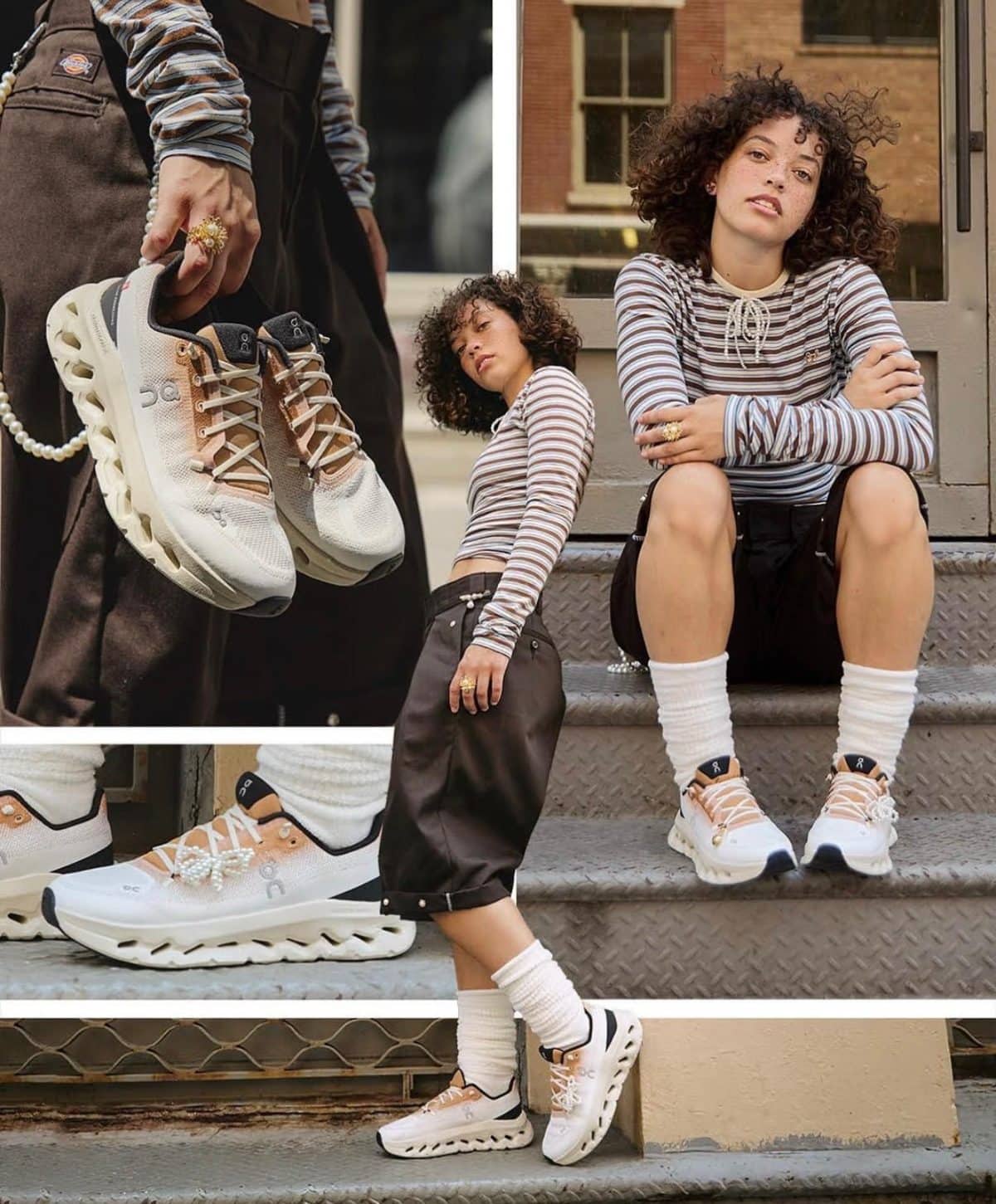 Two people in striped tops wear peach and white chunky sneakers, posing on urban steps in a street-style shot.