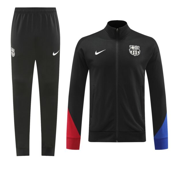 Black Barcelona training tracksuit jacket with crest and Nike logo, shown with matching pants.