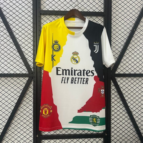 Color-blocked football jersey on a hanger featuring club crests (Juventus, Real Madrid, Manchester United, Sporting CP) against a metal grid backdrop.