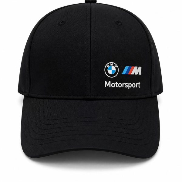 Black baseball cap with a curved brim featuring BMW Motorsport logo on the front panel.