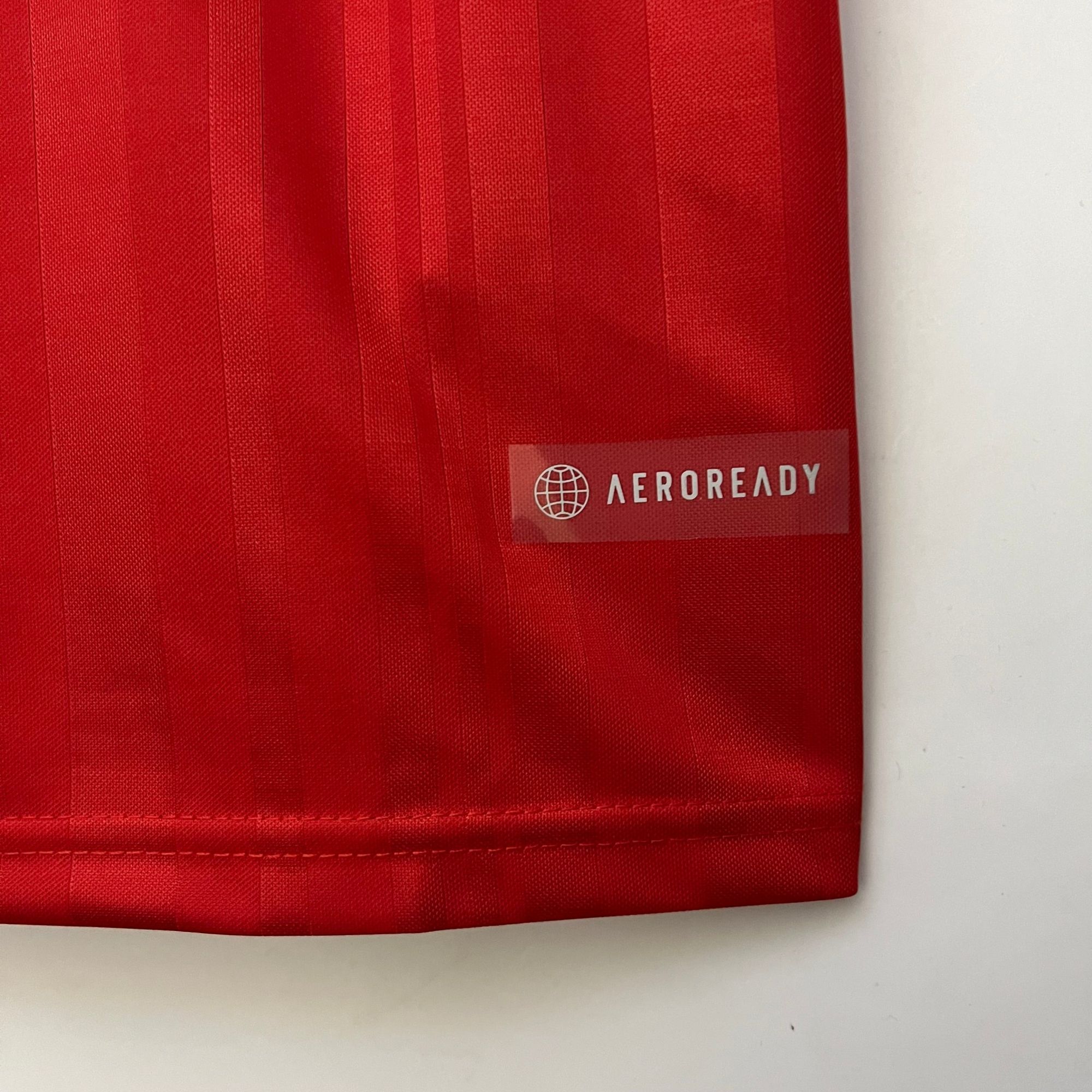c8cd90a3_0c8fe144-5b8f-4822-a2f8-6b84176bd3cd | UAE SPORT STORE Close-up of red fabric with visible vertical seams and a watermark tag reading 'AEROREADY' on the lower right.