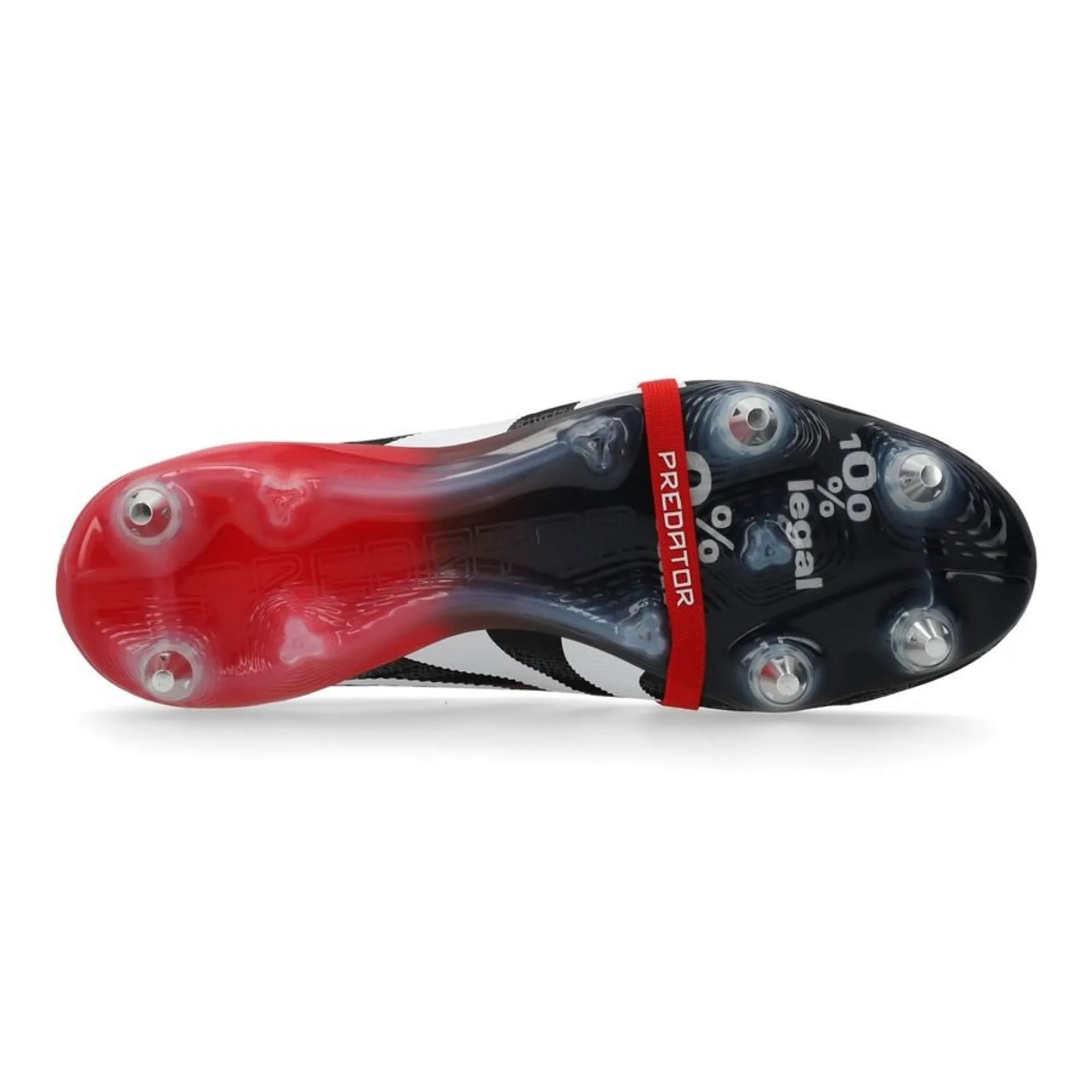 c8cf5e7ae702 | UAE SPORT STORE Close-up of a Predator football boot: red toe, black body, red strap, and studded sole visible