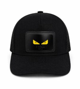 Black baseball cap with a black patch displaying yellow eyes and 'FENDI ROMA' text on the front center panel.