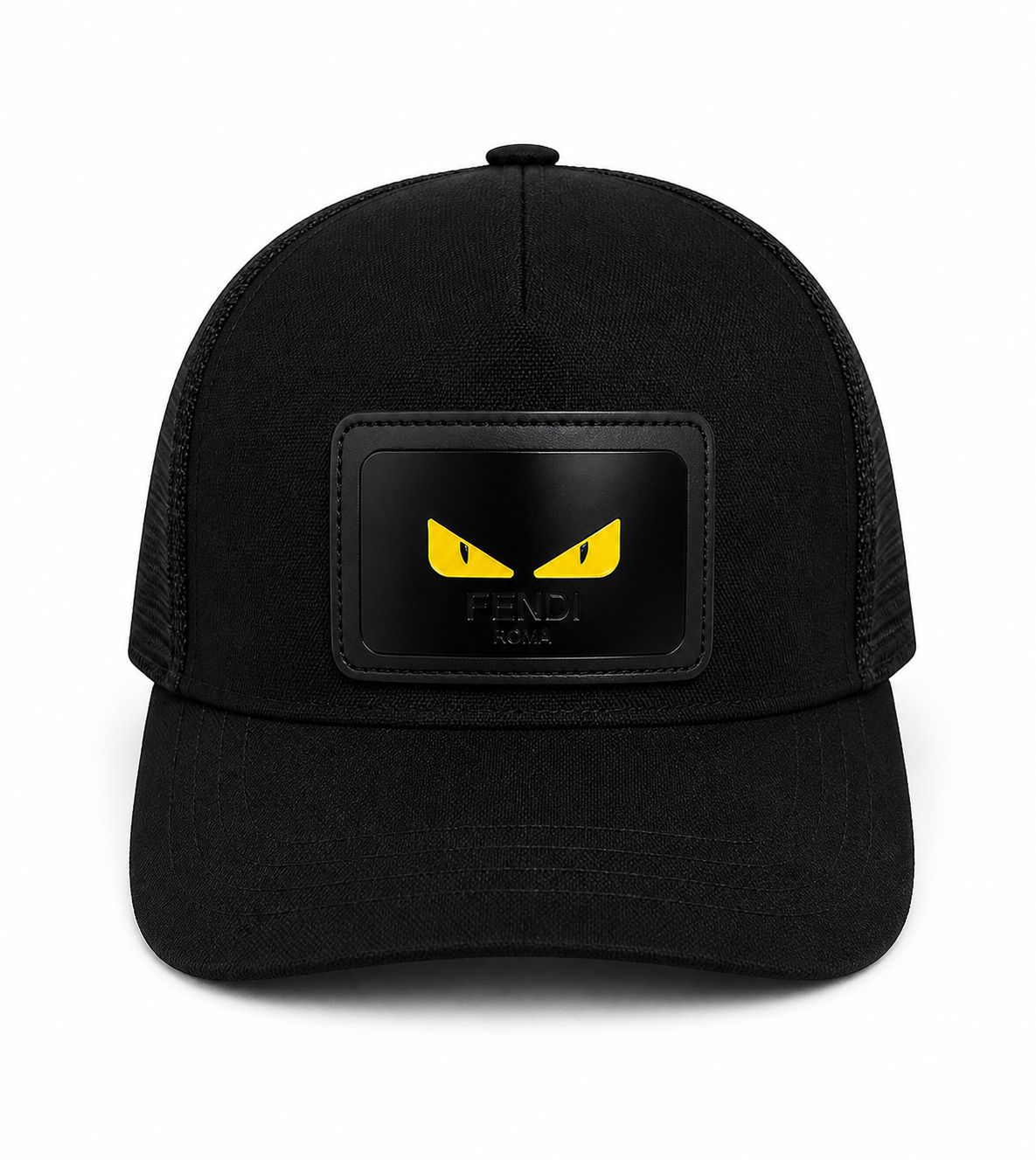 c9446a85-f405-489a-a909-1936bb035154 Black baseball cap with a black patch displaying yellow eyes and 'FENDI ROMA' text on the front center panel.