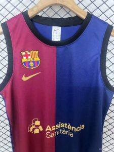 FC Barcelona training jersey, maroon and blue vertical halves, crest, Nike logo, and 'Assistência Sanitária' sponsor text on the front.