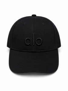 Black baseball cap with embroidered 'alo' logo on the front