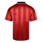Back view of a red vertical-striped football jersey with short sleeves and a dark collar with white trim