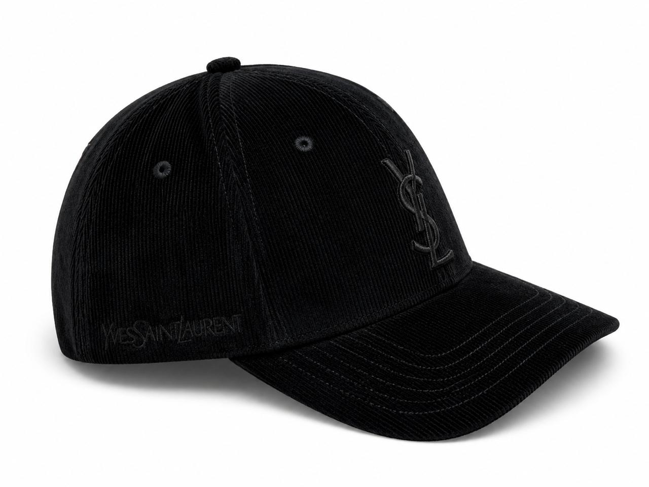 c9e94dd7-eef5-4aa0-93c7-89468507f00d | UAE SPORT STORE Black corduroy baseball cap with a tonal YSL logo on the front panel and Yves Saint Laurent embossed along the side edge.