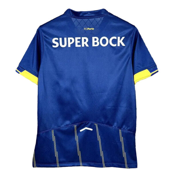 Back view of a blue soccer jersey with 'SUPER BOCK' sponsor text and yellow sleeve trim.