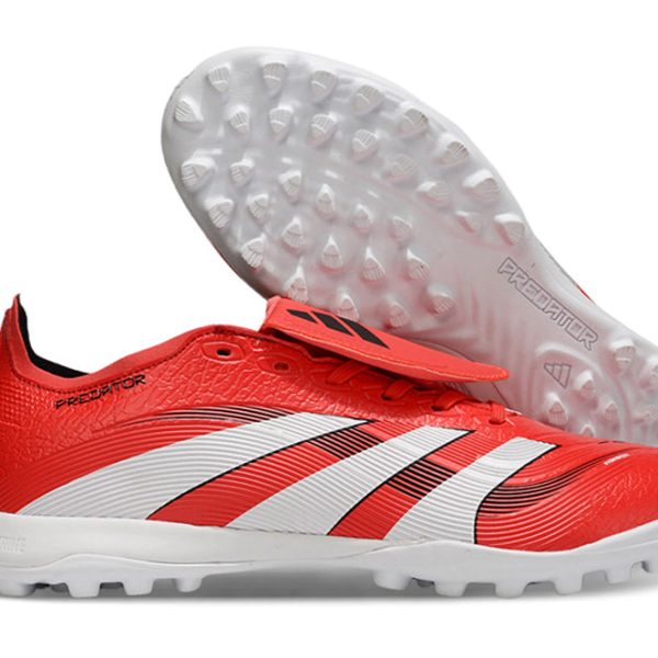 Red Predator soccer cleats with white stripes and a studded white sole, shown from side and bottom.