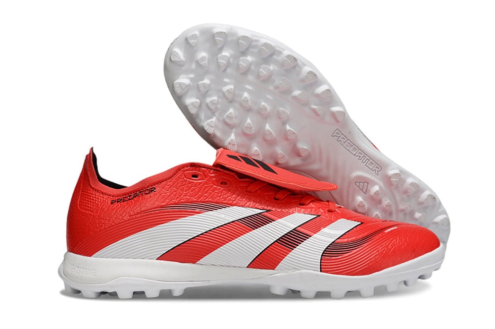 ca1133f9 | UAE SPORT STORE Red Predator soccer cleats with white stripes and a studded white sole, shown from side and bottom.