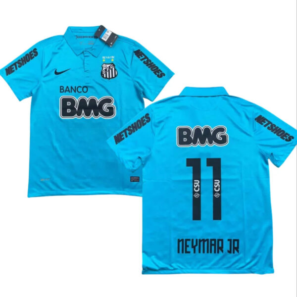 Bright blue Neymar Jr football jersey, front shows Santos crest and BMG sponsor; sleeves read NETSHOES.