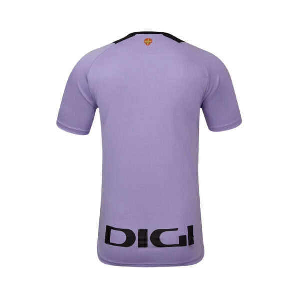 Back view of a lavender athletic T-shirt with a black DIGI logo at the lower hem and a small crest at the neckline.
