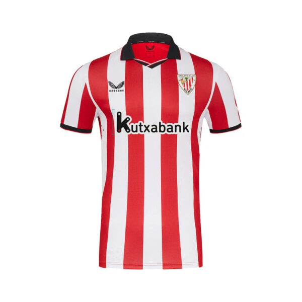 Red and white vertical striped Athletic Club soccer jersey featuring the Kutxabank sponsor and club crest on the chest