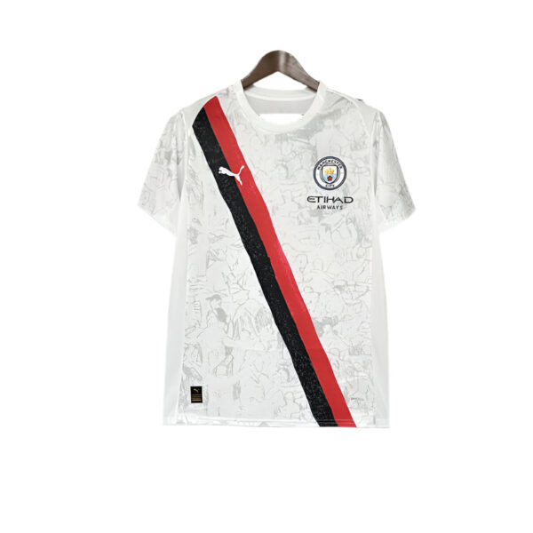 White Manchester City football jersey with a red and black diagonal stripe, club crest, and Etihad Airways sponsor on the front.