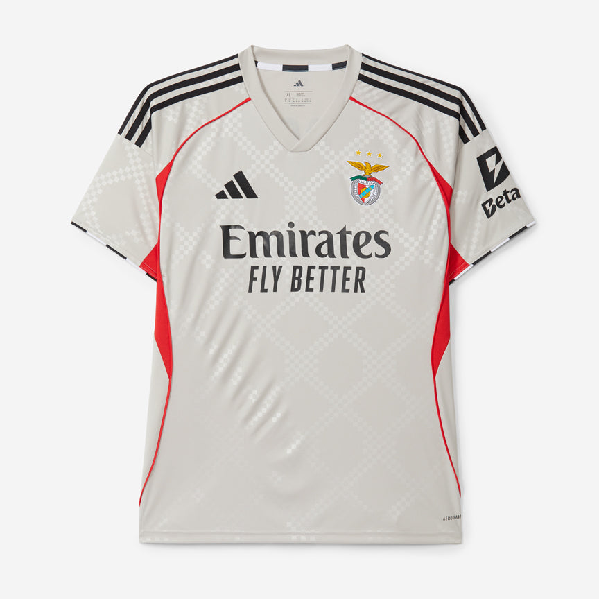 camisola_alternativa_bege_slbenfica_2025_2026 Front view of Benfica football jersey in light gray/white with black stripes on shoulders, red side panels, club crest on the chest, Adidas logo, and 'Emirates Fly Better' sponsor text.