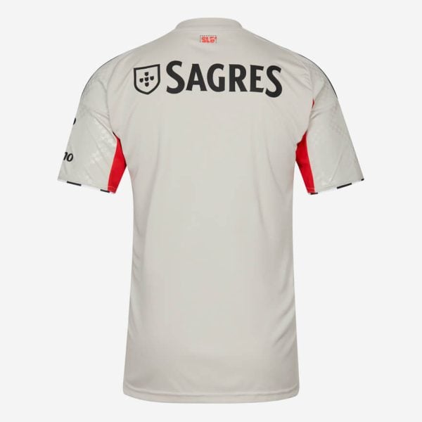 Back view of a white athletic jersey with a large 'SAGRES' logo and shield on the upper back, red sleeve panels on the sides.