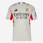 White Benfica away football jersey with red side panels and Emirates Fly Better sponsor on the front.