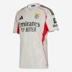 White Benfica soccer jersey with red side panels, Emirates Fly Better sponsor, club crest, and Adidas logo.