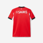 Red short-sleeve sports jersey viewed from the back with a white Sagres logo across the shoulders/back area, black sleeve cuffs, and white side panels.