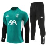 Teal training jersey with club crest, white sponsor logo AXA, and black track pants with white Adidas stripes for a soccer kit.