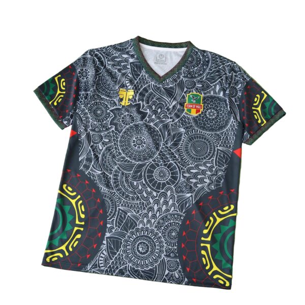 Sports jersey with intricate gray circular patterns and green, red, and yellow border details, featuring a Mali Team badge on the chest.