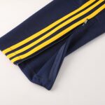 Close-up of a navy bag with two parallel yellow zippers running diagonally across the fabric